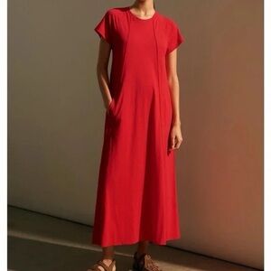 Me + Em Red Midi Cotton Swing Dress Size 4 Pockets A-Line Short Sleeve